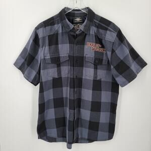 Harley Davidson Plaid Shirt Mens Large Gray Black Button Up Short Sleeve Patches